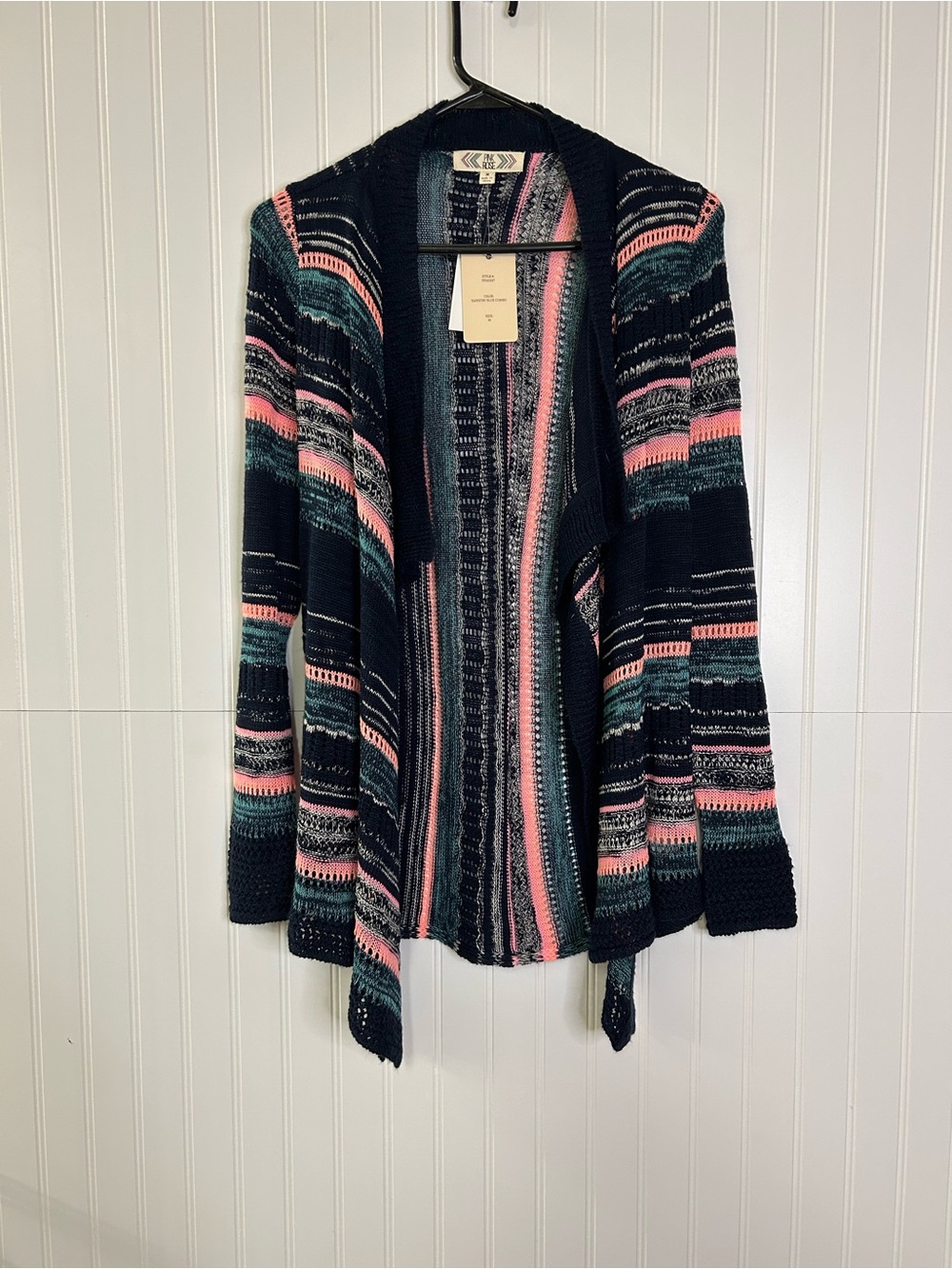 Pink Rose Black Striped Open-Front Cardigan Size Medium